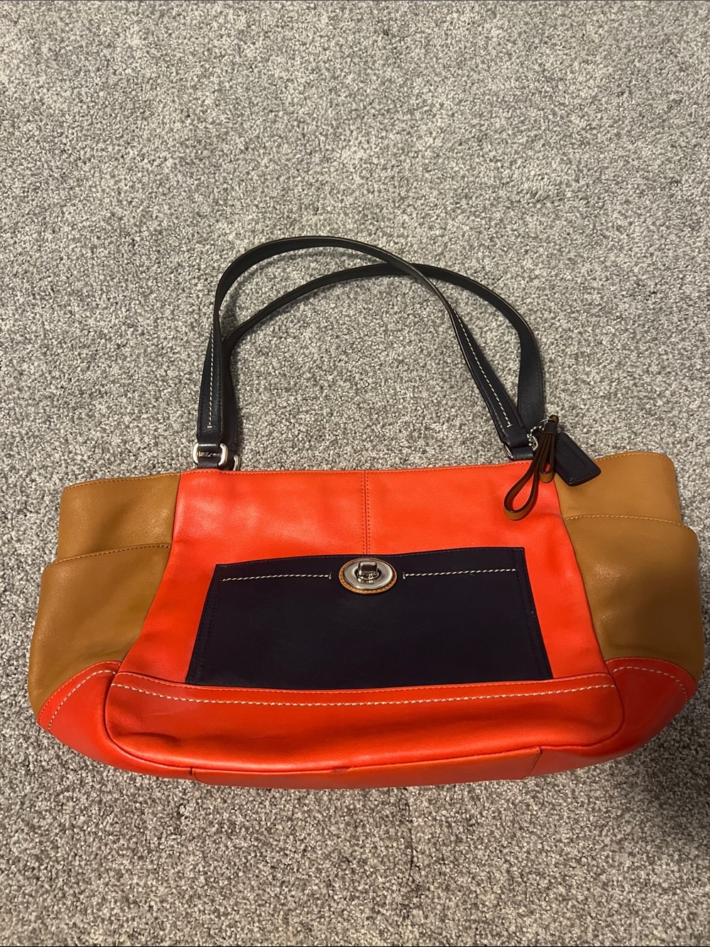 Coach Colorblock Leather Shoulder Bag in Orange, Tan & Navy with Black Straps